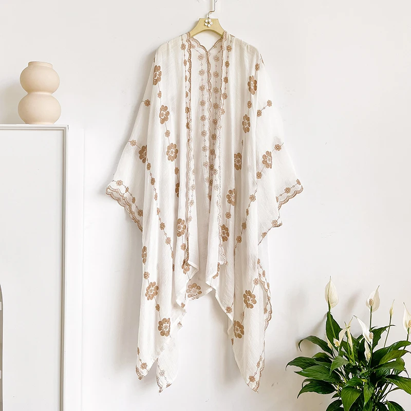 Ethnic Floral Lace Batwing Sleeve Cape Poncho Cloak, Open Front Irregular Shawl, Women Summer Beach Vacation Cover Up
