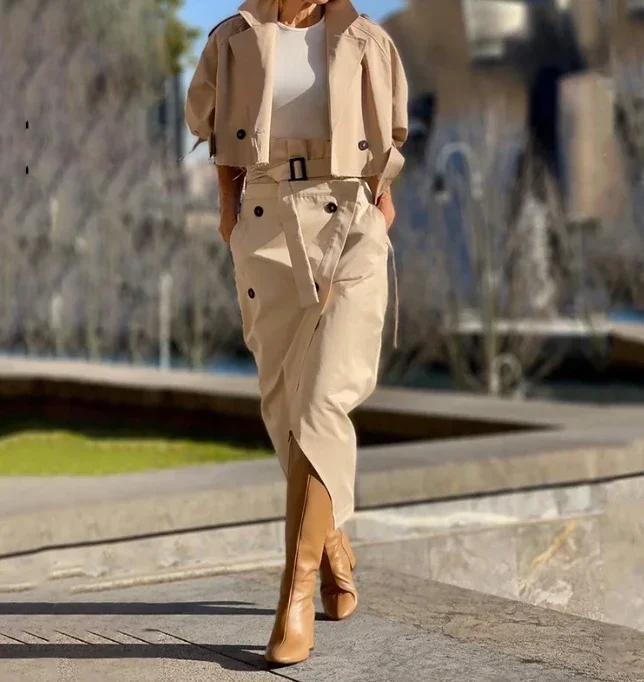 

Women's Casual Temperament Two Piece Sets Outfit Notched Collar Long Sleeve Coat +Skirt Sets for Women 2 Pieces Autumn