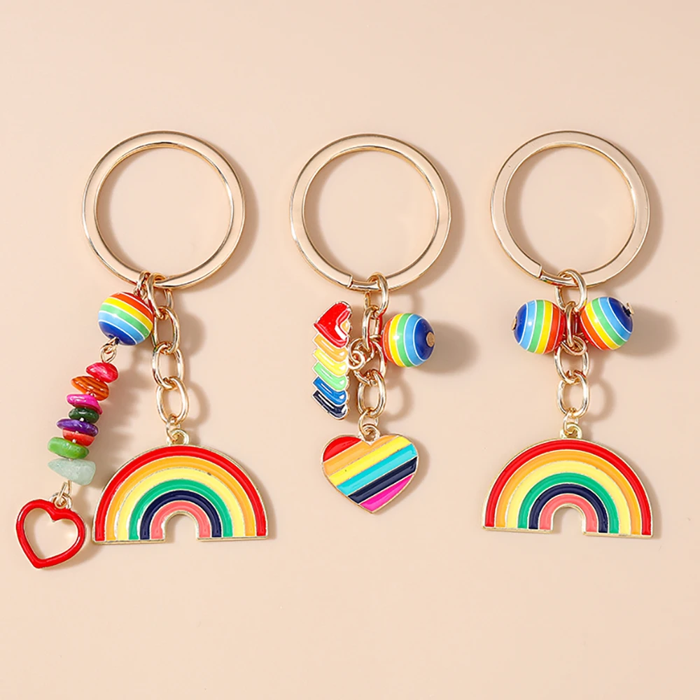 Fashion Enamel Rainbow Keychain Love Heart Key Ring Pendants for Women Girls Handbag Decor DIY Handmade Jewelry Gifts