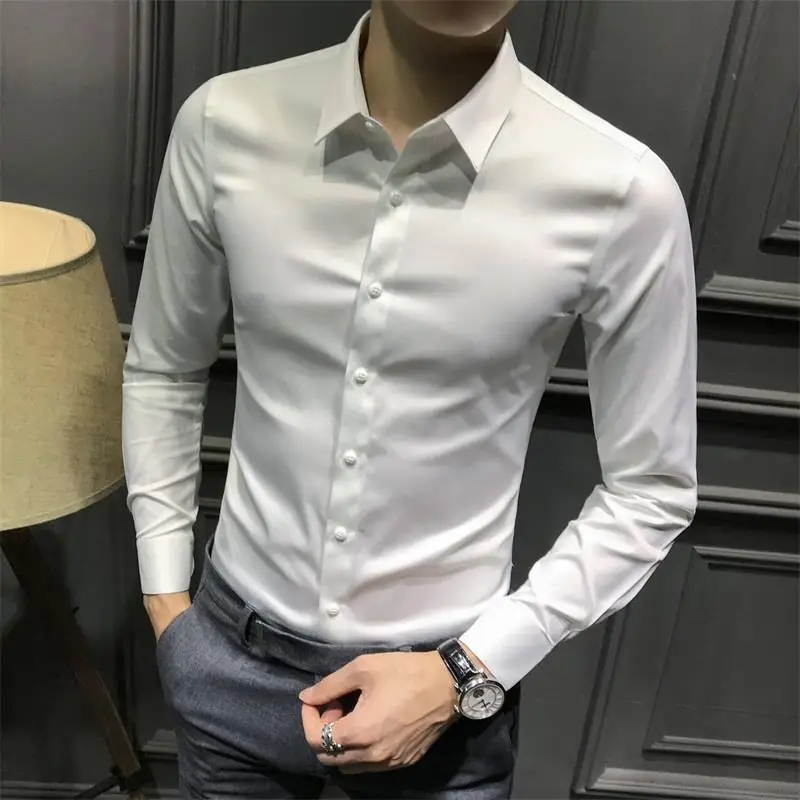 Camisa de vestido de manga longa de seda negócios simples homem topos camisas e blusas formais para homens escritório algodão com gola s roupas