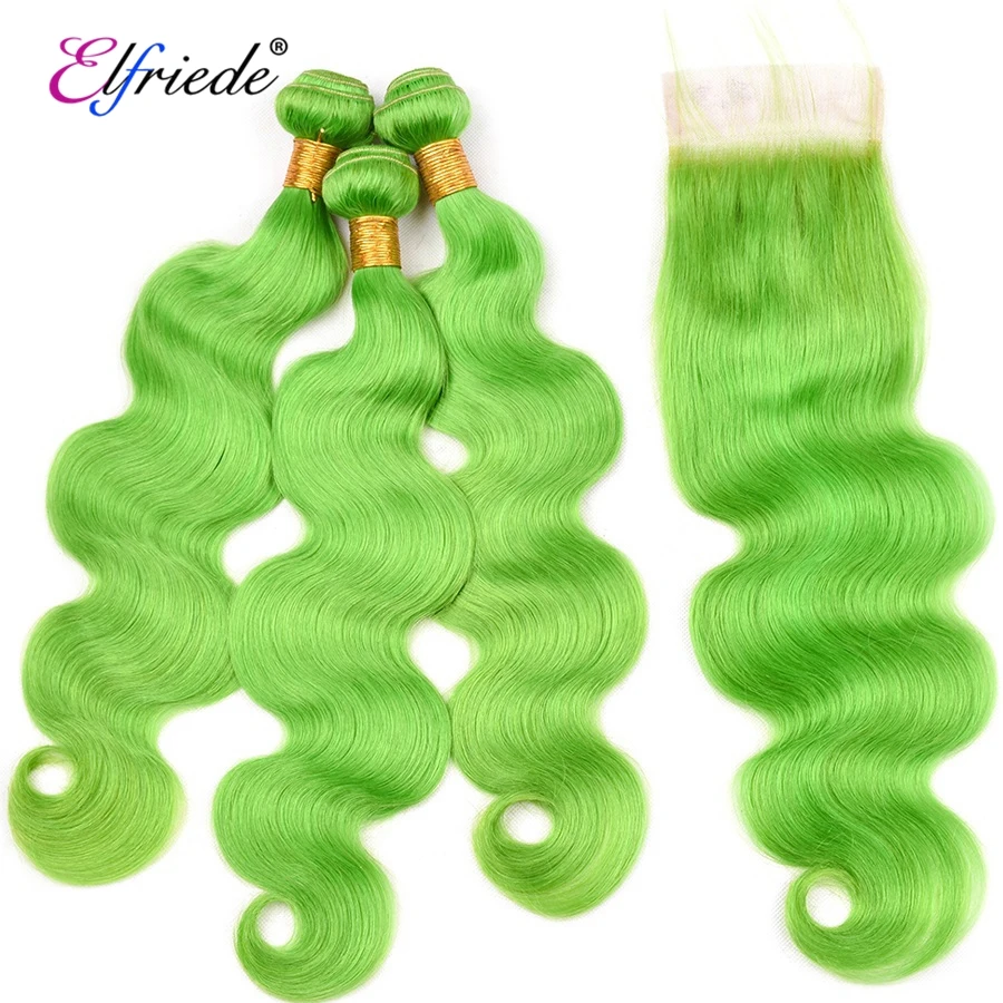 Elfriede #Grass Green Body Wave Hair Bundles with Closure Brazilian Human Hair Wefts 3 Bundles with 4X4 Transparent Lace Closure