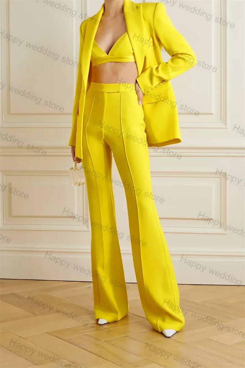 Conjunto de terno amarelo feminino, top, sutiã, blazer, calças, smoking de casamento, personalizado, sexy, formal, senhora do escritório, jaqueta, baile de formatura, casaco, 3 peças