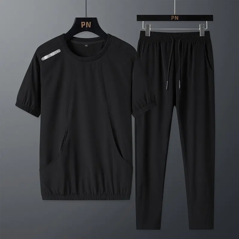Summer New Fashion Solid Color Ice Silk Breathable Short Sleeve Pant Suit Men's Casual Loose Sports Large Size Two-Piece Set