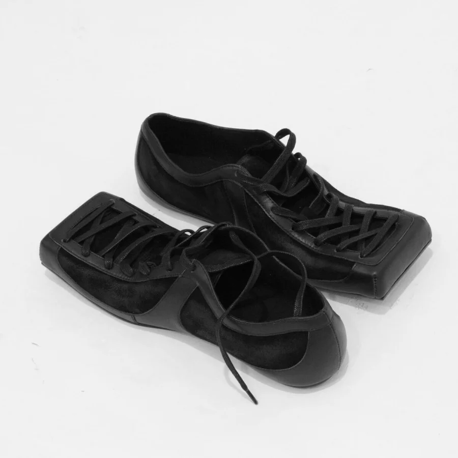 Square Toe Crisscross Lace Up Derby Shoes Vintage Distressed Leather Trainer Shoes Suede Patchwork Casual Retro Walking Footwear
