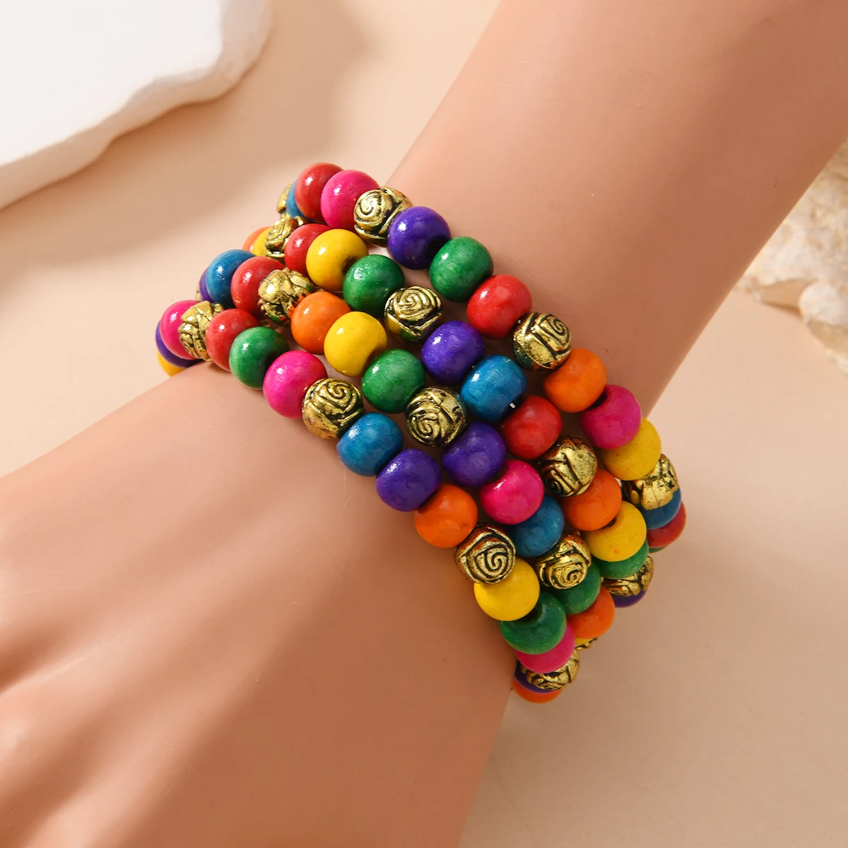 النمط الأفريقي البوهيمي خمر العرقية متعدد الطبقات اليدوية الملونة خشبية حبة سوار للنساء الملحقات اليومية #3