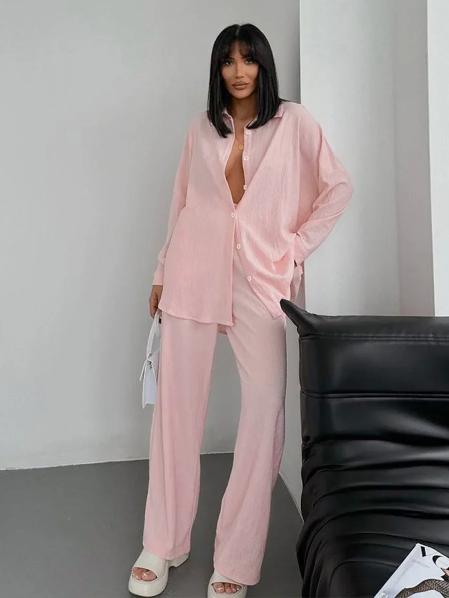 

Blubelle Knitted Long Sleeved Pajamas 2-Piece Set New Autumn Cardigans Pajamas Loose Casual Home Clothes Long Pants Set