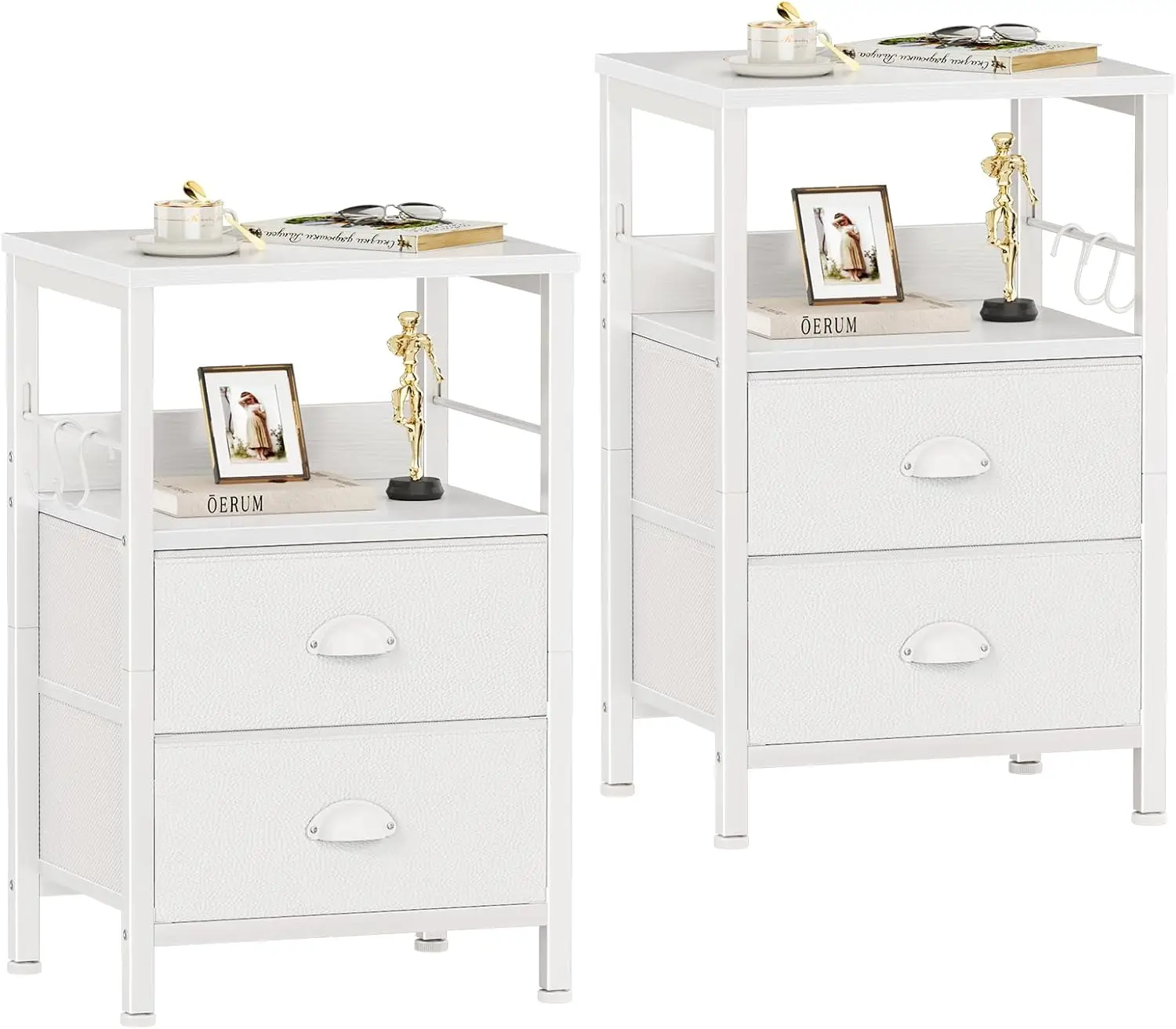 

Set of 2 Nightstands with Fabric Drawers, Hooks, and Open Shelf for Bedroom or Living Room in White