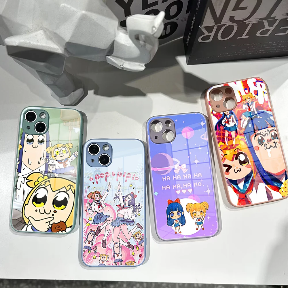 For Iphone 14 INS POP TEAM Popuko And Pipimi Phone Case Glass 14 13Pro Plus X 13 Pro MAX XR XS MINI Stained Glass Covers