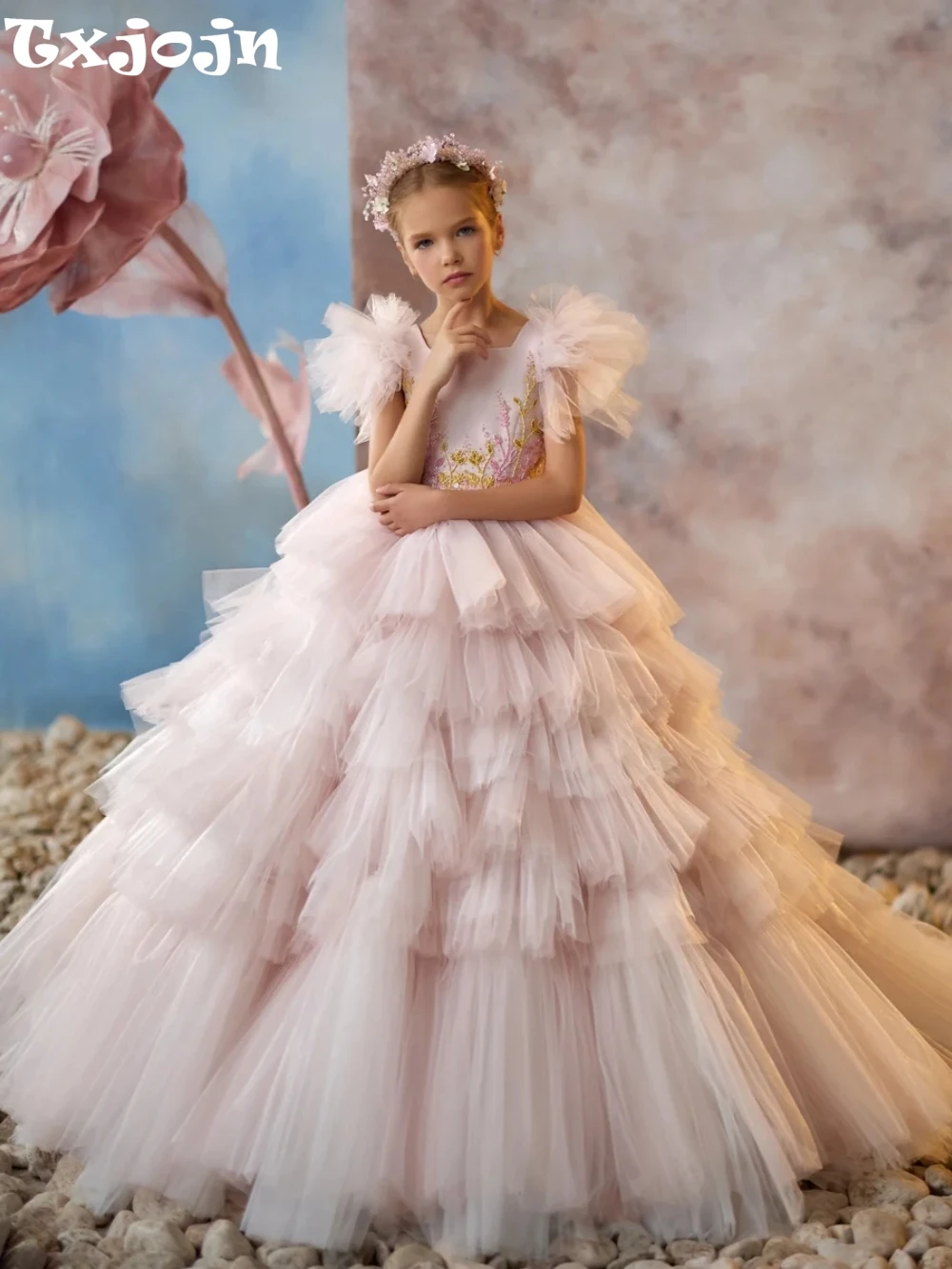 Girls Luxurious Beaded Tiered Tulle Long Wedding Party Gown Elegant Sleeveless Kids Dresses First Communiom Formal Evening Wear