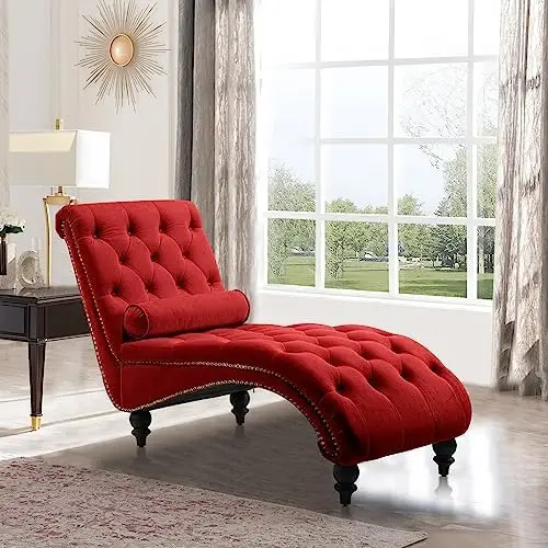 Chaise Lounge Chair Indoor, Velvet Upholstered Lounge Sofa with Bolster Pillow, Button Tufted Nailhead Trim Solid Wood