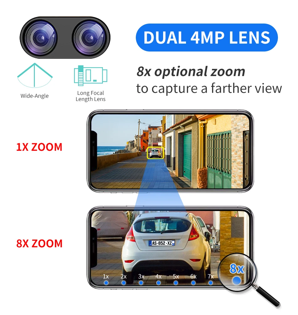 8MP 4K WIFI Camera Dual Lens 8X Hybrid Zoom 2.8+12mm 4MP Telephoto Wide Angle Lens Human Detect Video Surveillance Cameras iCsee