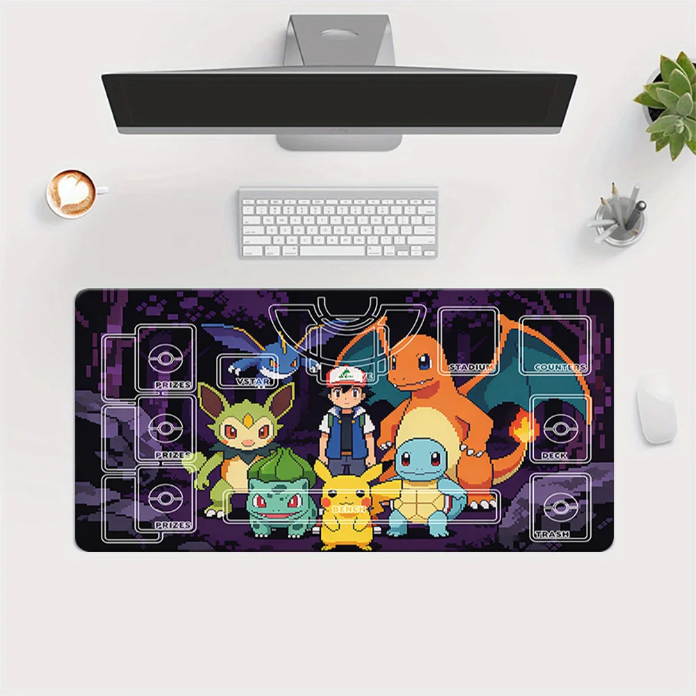 

Pokemon TCG Playmat with Ash & Kanto Starters Pixel Art Dark Cave Design, Large Trading Card Game Mat with Zones, Extended Desk
