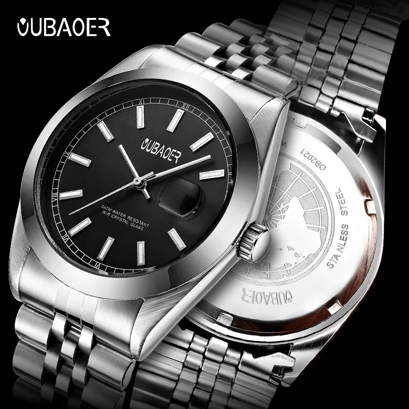 OUBAOER Men's Stylish casual timepiece Man Quartz Movement Stainless Steel Strap Waches Male Fashion Luxury Waterproof Clock