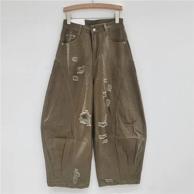 

SuperAen 2025 Summer New High Street Design Hole Casual Jeans American Style Fashion Loose and Slimming High Waist Harem Pants