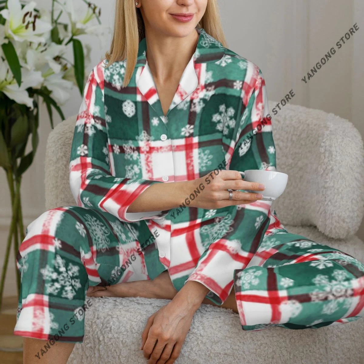 

Женская одежда для сна, домашняя одежда, акварельная полоска, клетчатая рубашка со снежинками и длинными рукавами с лацканами и брюки с эластичной резинкой на талии, пижамный комплект
