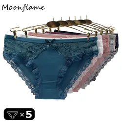 Moonflame-Sous-vêtements en coton taille basse pour filles, culottes en dentelle sexy, slips pour femmes, 5 pièces