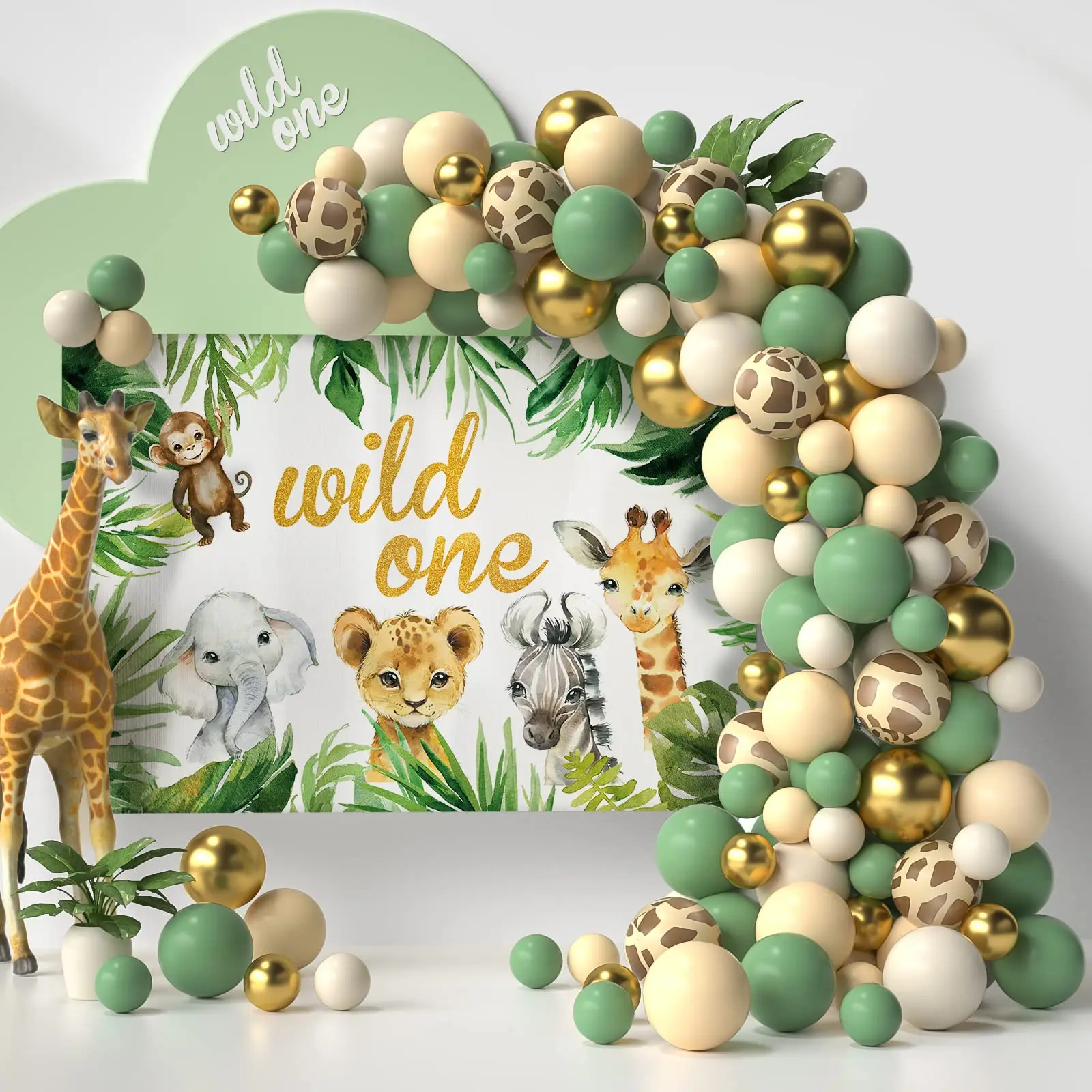 Jungle Safari White Balloon Garland Arch Kit Kids Birthday Party Supplies Deer Pattern Gold Latex Ballons Baby Shower Decoration