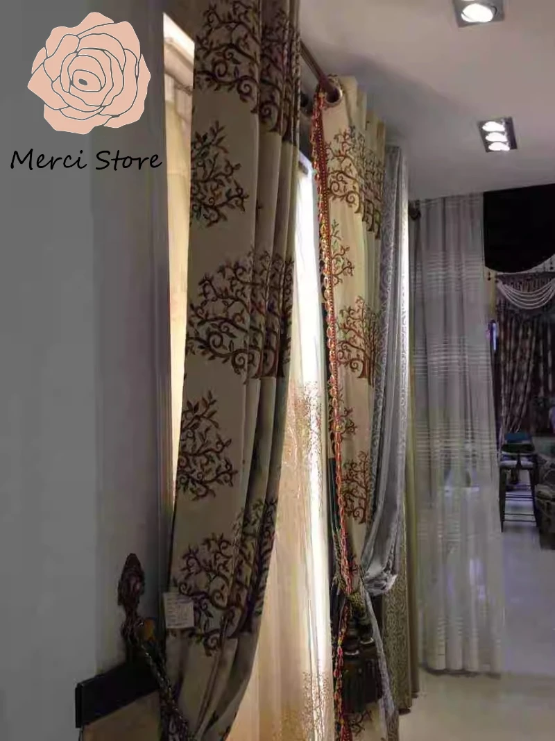 

American Country Jacquard Curtains for Living Room Bedroom Windproof Warm Sofa Fabric Pastoral Style Northern Home Decor