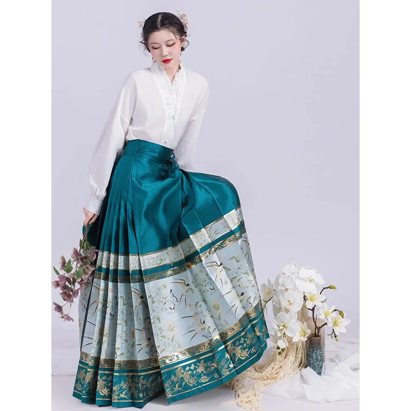 Chinese Style Cosplay Costume Daily Improved Hanfu Modern Original Horse Face Skirt Green And Purple Work Streetwear Pleated