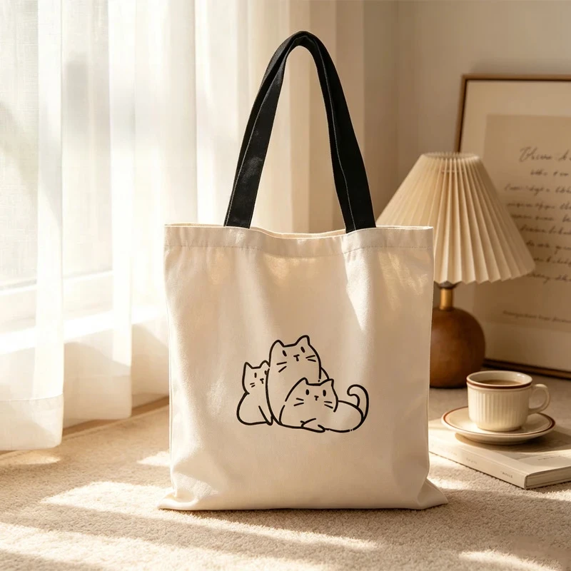 Versatile Commute Canvas Bag For Women Cute Black White Puppy Print Shoulder Handbag Trendy Student Class Tote Bag