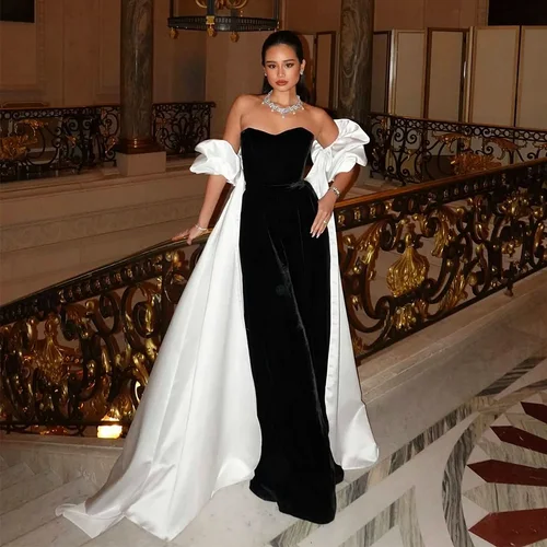 Imagen 1 del producto Vestido de noche de terciopelo negro con envoltura de satén blanco, vestidos de noche de columna con mangas abullonadas para mujer, vestidos formales elegantes con forma de corazón