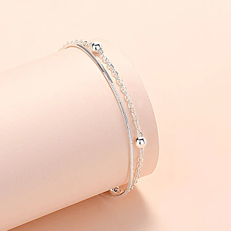 CIAXY Silver Color Double Layer Snake Bone Bracelet Female Interval Round Beads Bracelets Korean Small Fresh Jewelry Gifts