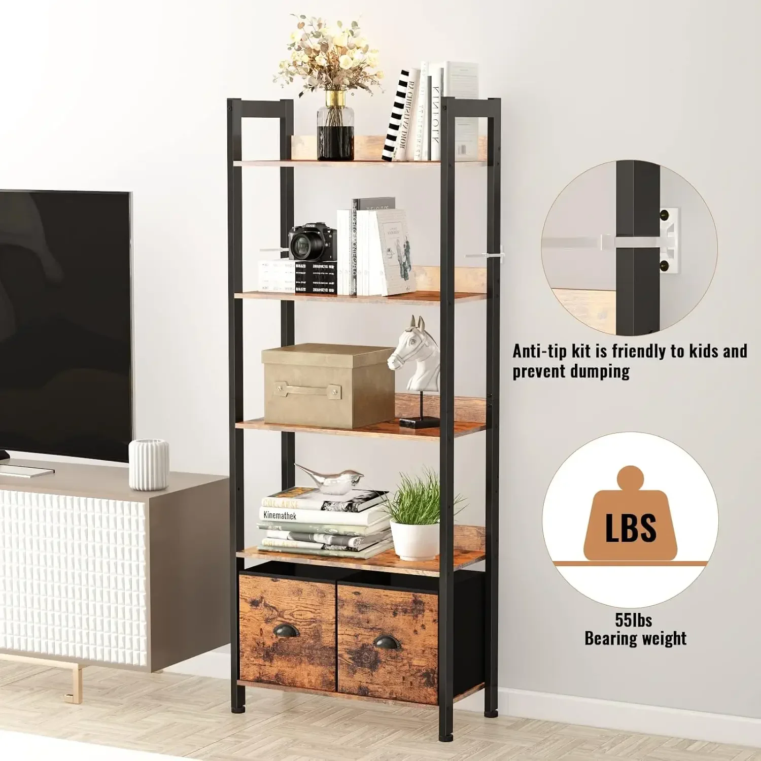 5-Tier Bookshelf, Tall Bookcase with 2 Storage Drawers, Industrial Display Standing Shelf Units, Wood and Metal Storage Shelf