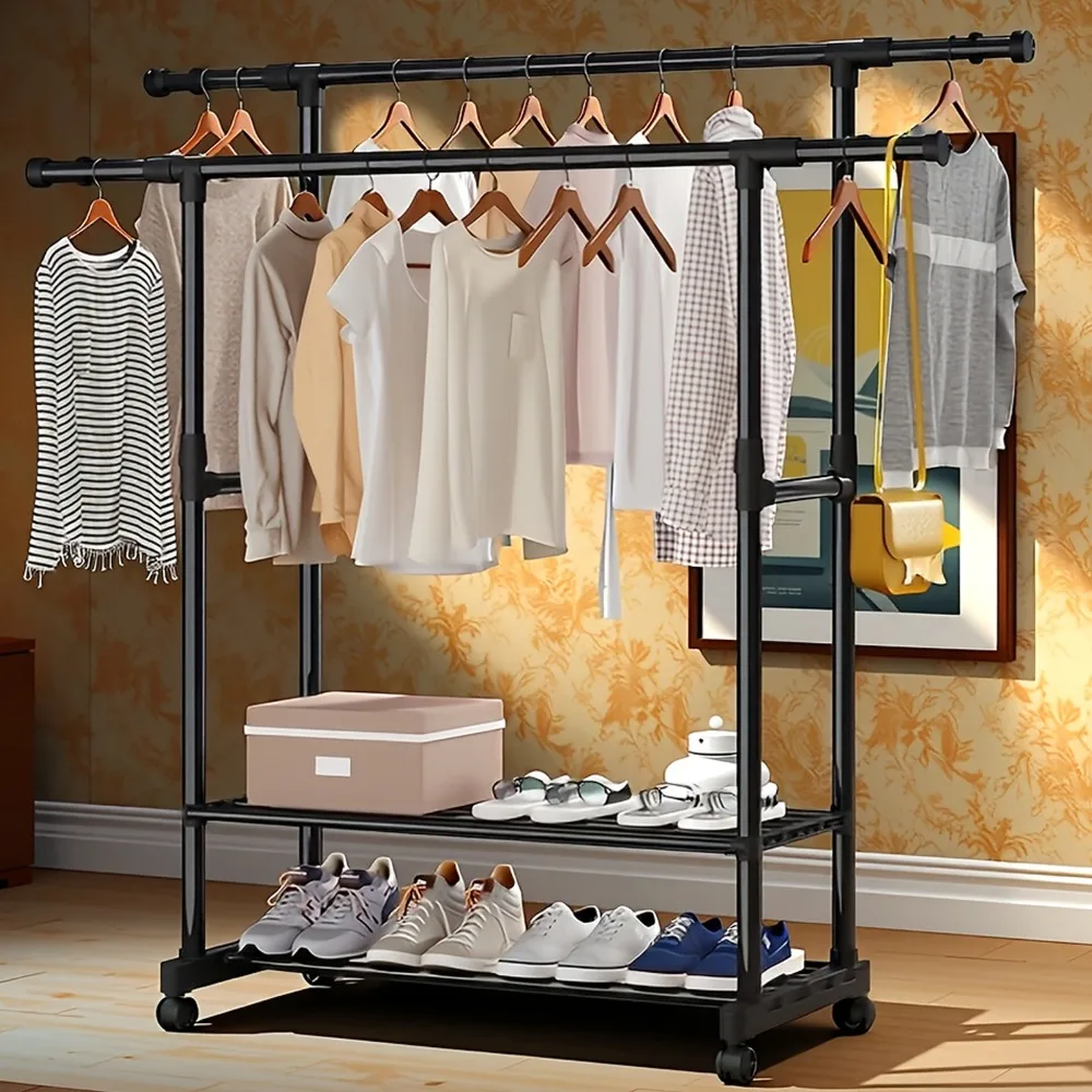 Bodenstehender Kleiderständer mit Rollen, Kleiderbügelständer und Hutablage, Kleiderständer mit Rollen, stabiles Doppelstangen-Design, einfache Montage, leicht einziehbar