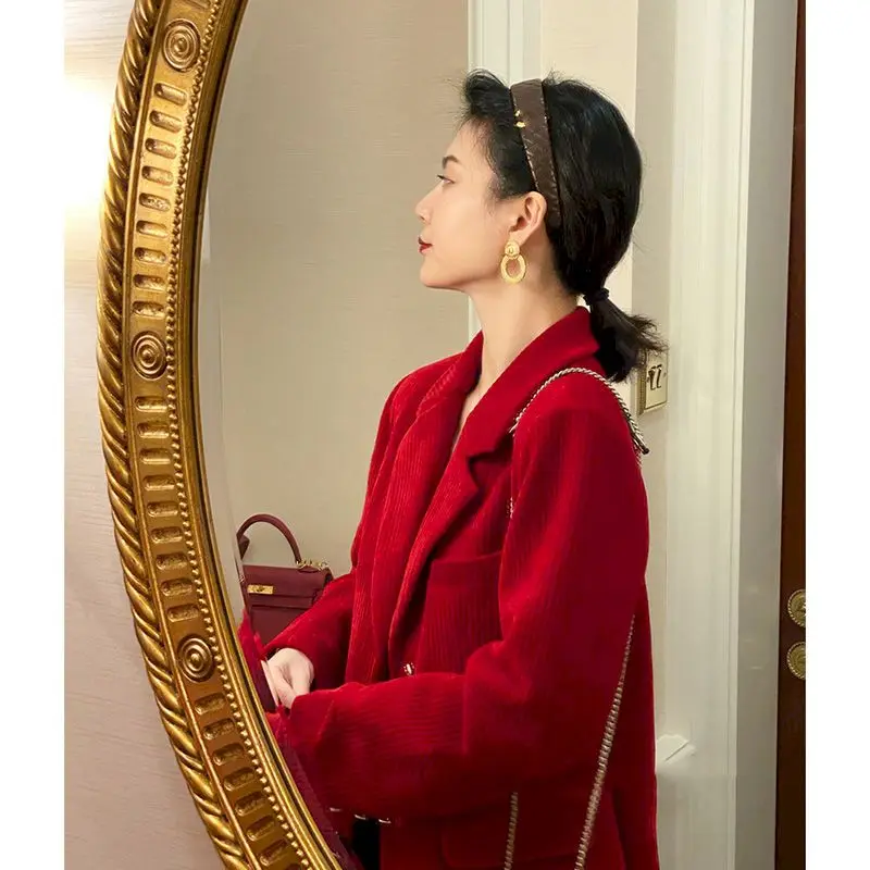 Insozkdg Autumn Winter Women\'s Slim Velvet Suit Jacket Blazer Metal Button Short Coats Jackets