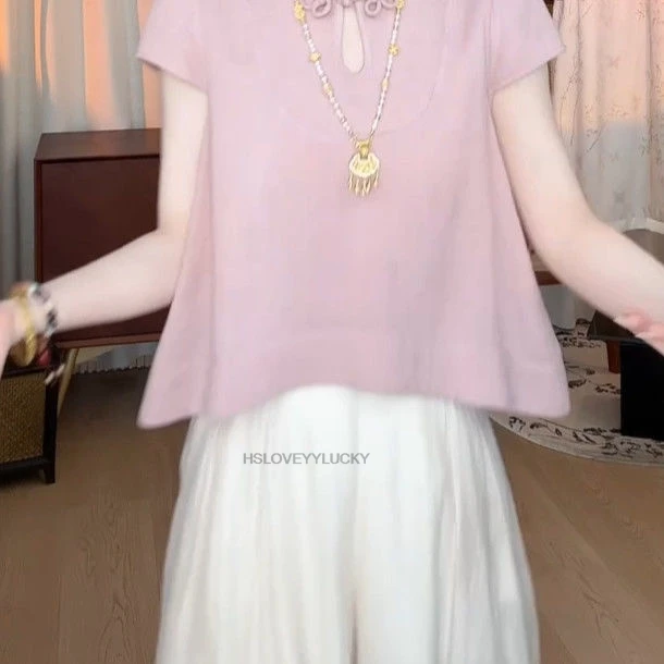 

Pink Gentle Trendy Temperament Chinese Lady Blouse Summer New Vintage Elegant Top Ethnic Style Literature Art Tang Suit Top