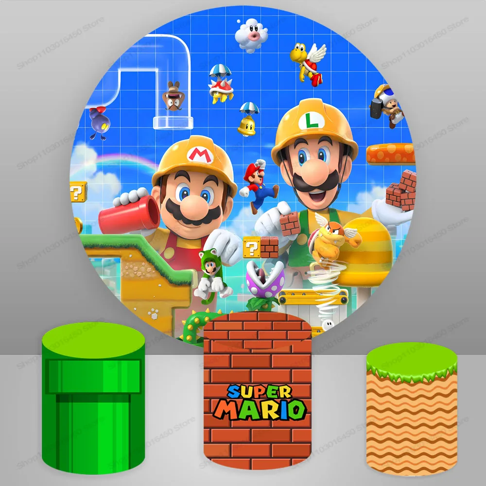 Super Mario Brothers Round Backdrop Elastic Circle Baby Shower Game Cartoons Birthday Party Background Cylinder Decoration Props