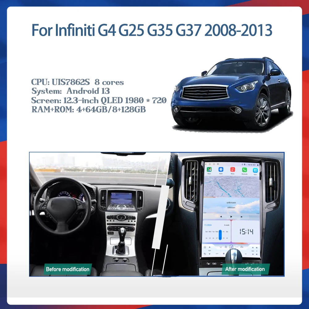 For Infiniti G4 G25 G35 G37 2008-2013 14.5 inch Android 15 GPS Navigation Car Multimedia Video Player Carplay