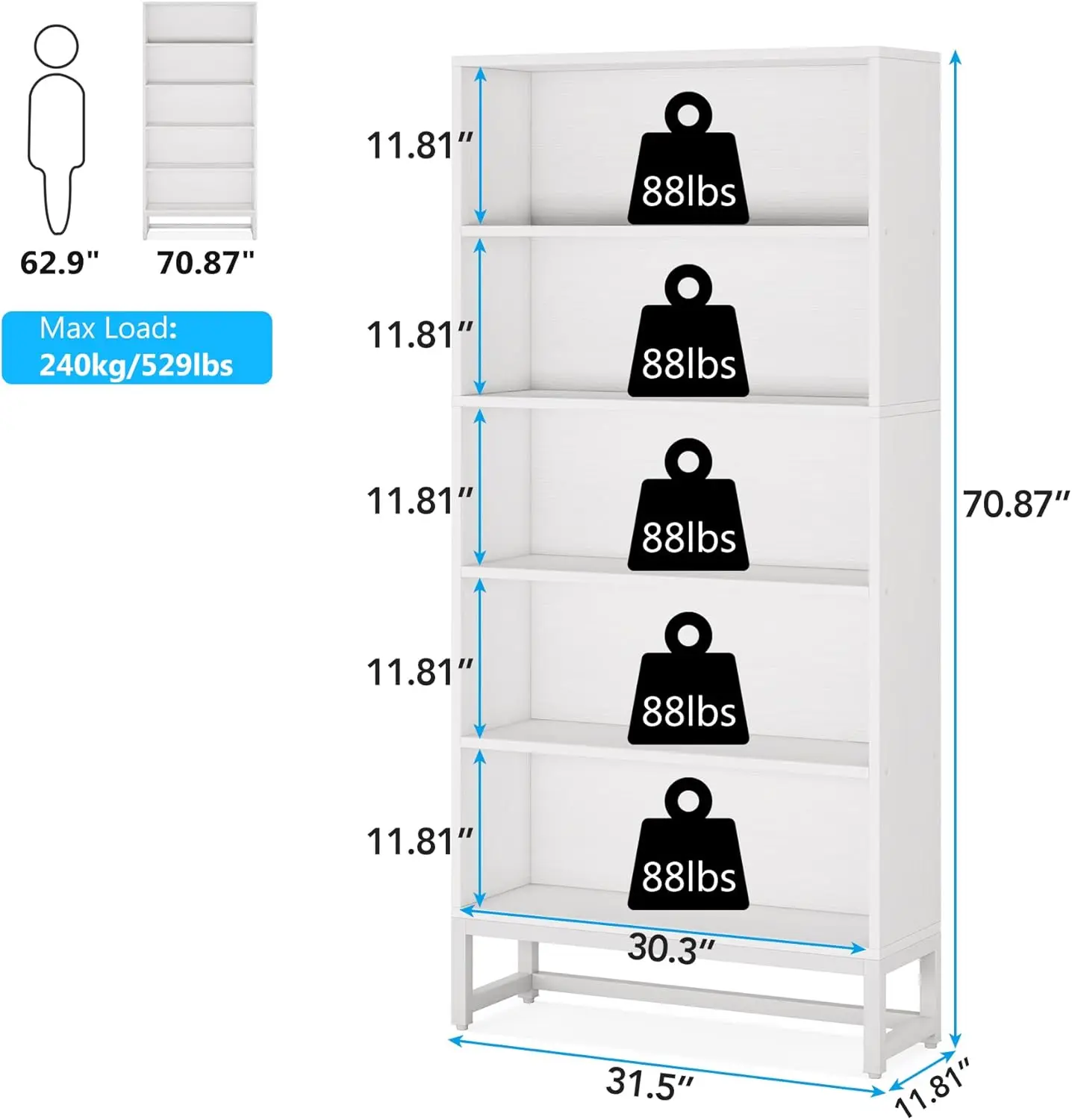 Bookcase and Bookshelf, 70.8” Large Bookcases Organizer with 5-Tier Storage Shelves