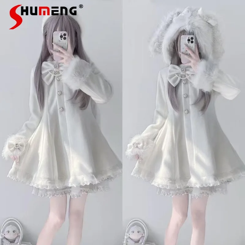 

Long-sleeved Woolen Hooded Jacket Japanese Rojita SC Sweet Mine Mass-produced Plush Lop-eared Rabbit Bow Lace Wool-blend Coat