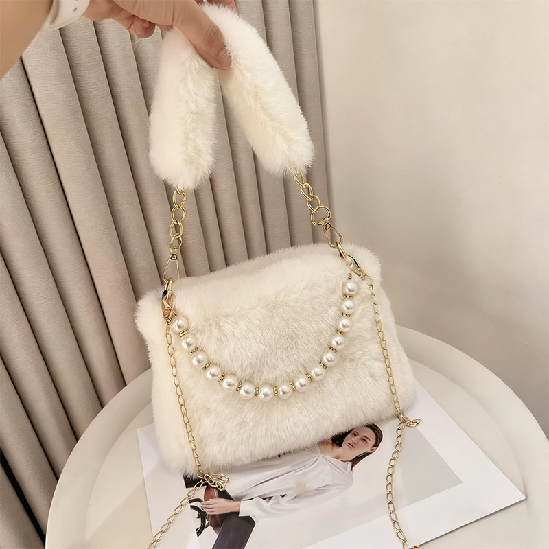 

New Pearl Women's Crossbody Bag Winter Warm Fashion Chain Wallet Small Handbag Multi functional Party Daily Bag