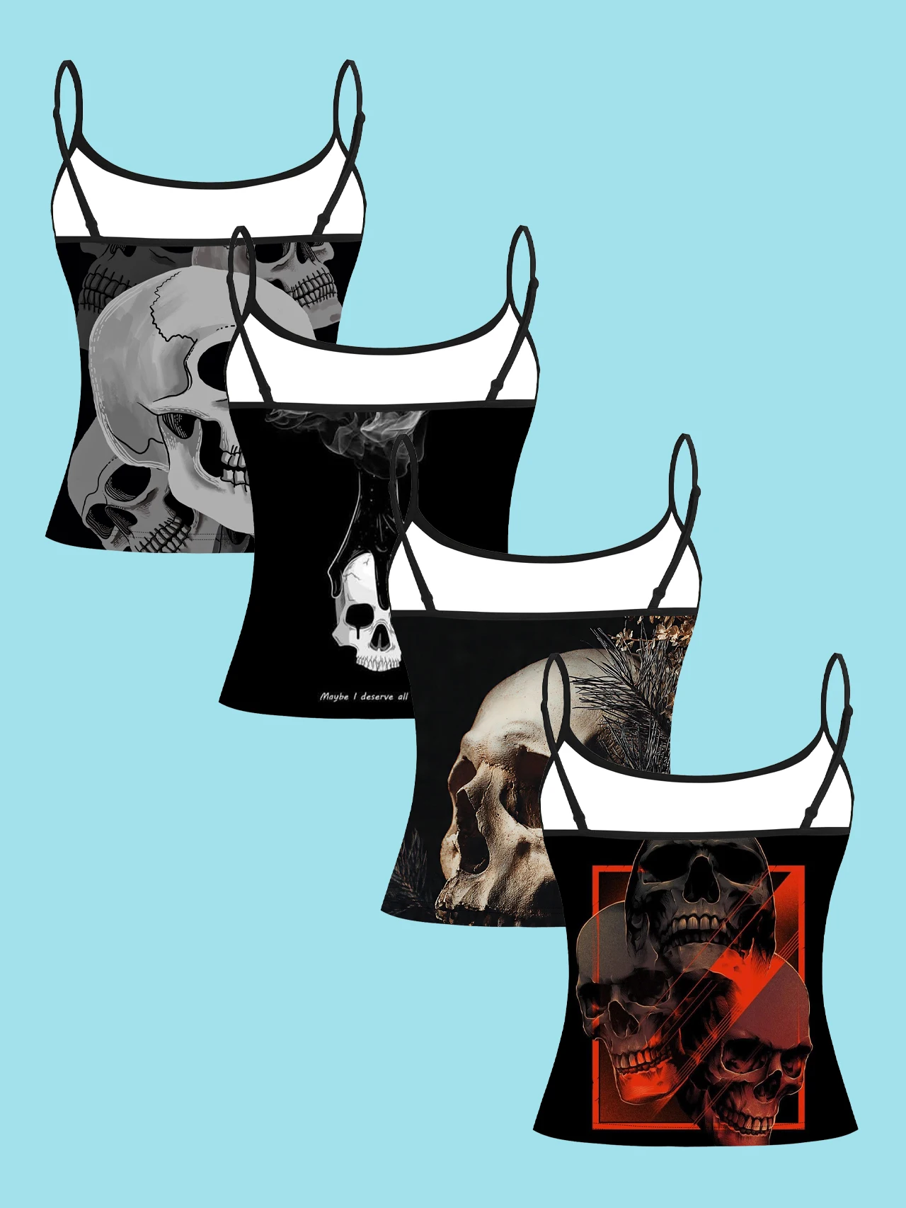 4-Piece Set of Dark Realistic Skull Women's Camisoles, Smoke Vintage Skull Overlay Red Frame Skull Art Print Slim-Fit Spaghetti Strap Short Camisole Tops