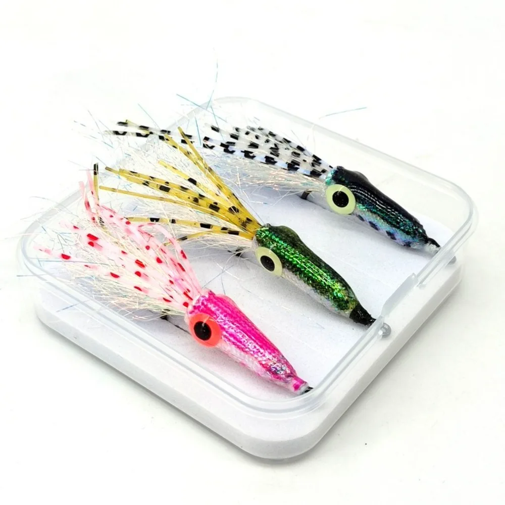 Señuelo Luminoso de Calamar con Ojos 3D, Señuelo de Pesca con Mosca Flashabou, Señuelo de Pesca de Calamar con Cola de Tinsel para Agua Salada, Cebo de Pesca de Lubina
