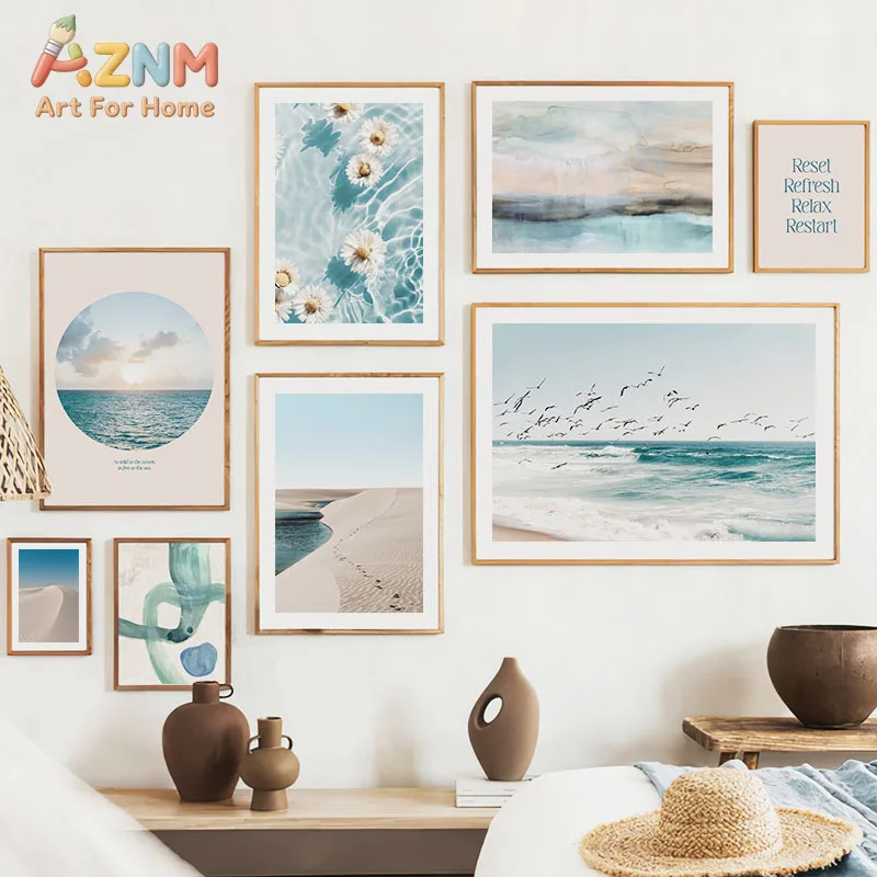 AZNM Boho Neutral Coastal Ocean Canvas Wall Art Daisy Water Ripple Beach Seagull Abstract Line Inspirational Text Print Unframed
