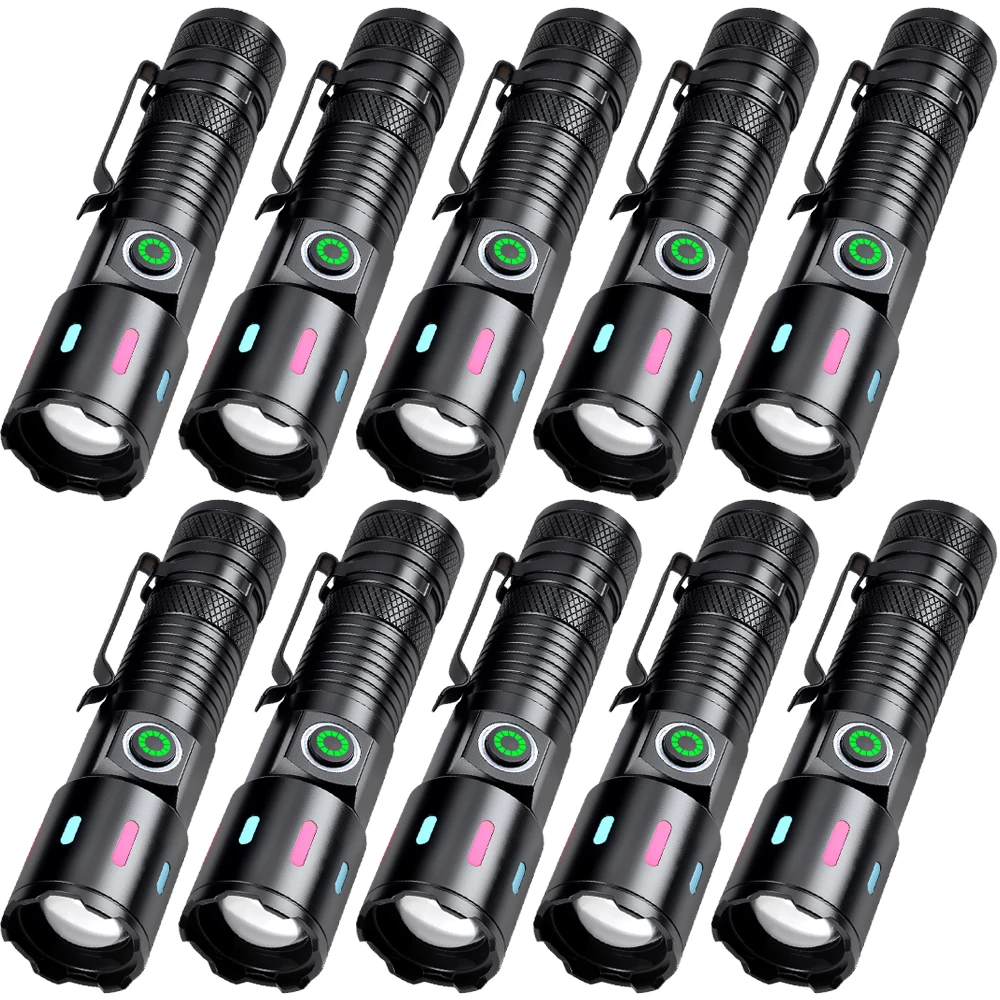1~10 Pack LED Camping Flashlight Type-C Rechargeable Zoomable Mini Torch with Pen Clip Waterproof 3modes Portable Handheld Light