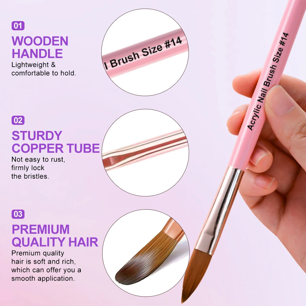 3 pçs/set acrílico escova da arte do prego 8/10/14 para escovas de aplicação em pó acrílico extensão manicure & 3d escultura desenho ferramentas do salão de beleza