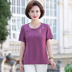 Summer Women's Tshirts Loose Cotton embroidery Short Sleeve T-shirt Casual  Middle-aged mother T-shirt