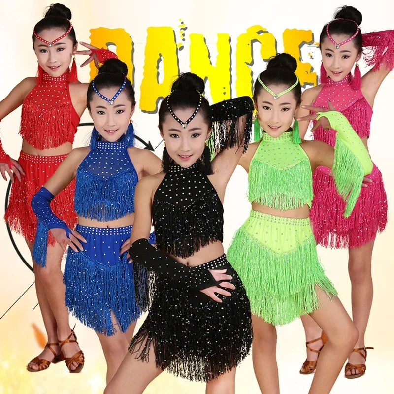 Tassels Girls Professional latin Dance dress Kids Salsa Performance Costumes competition skating Dancewear dresses Outfits MN11