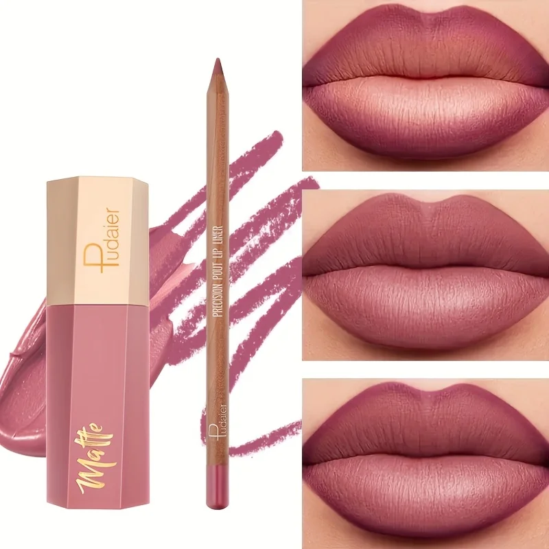 مجموعة ملمع شفاه قلم تحديد الشفاه - تدوم طويلاً، مرطب، خفيف الوزن، لون عاري طبيعي، ملمع شفاه مخملي غير لاصق مقاوم للماء