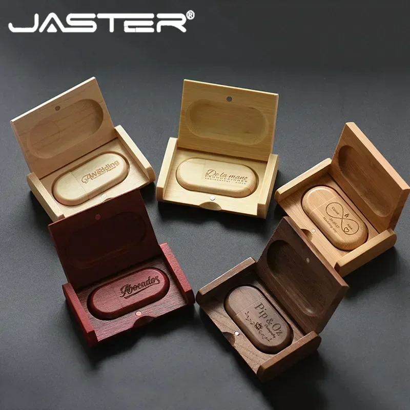 

JASTER Free Custo Logo Wooden Box USB Flash Drive 4GB 8GB 16GB Personal Logo Wedding Gift Memory Stick 64GB Wood Pendrive 32GB