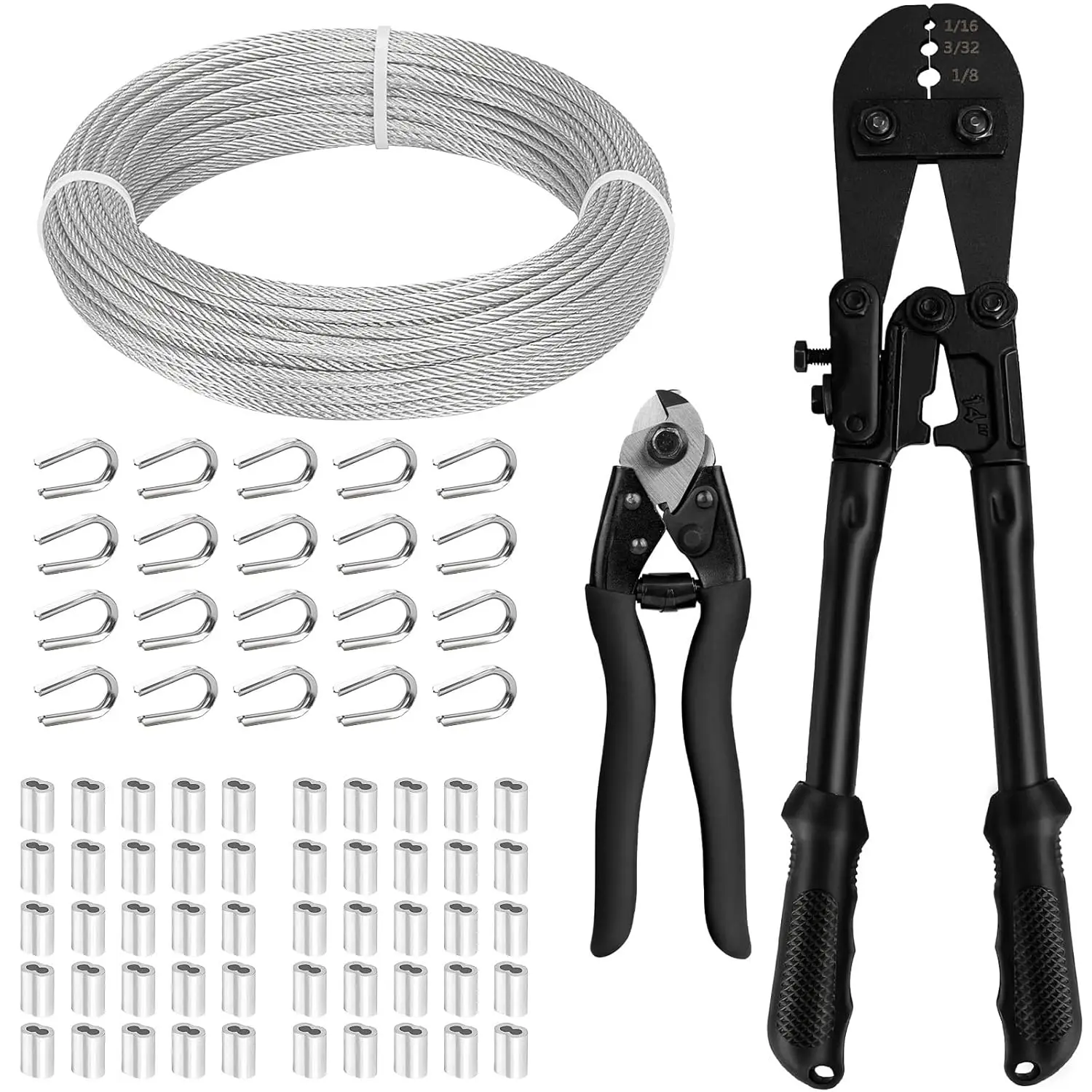 

1/8 Stainless Steel Cable, 100ft 1/8 Wire Rope with Wire Rope Crimping Tool and Cutter,Strands Aircraft Cable for Deck Railing