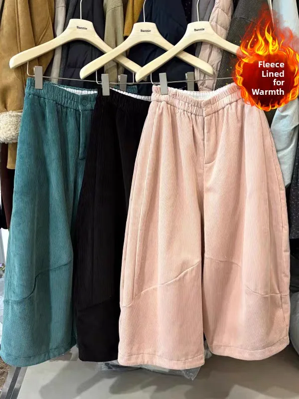 

Retro Thiened Nine Points Corduroy Wide Leg Pants Loose Casual Fce Women's plus Size Winter Trousers Comfortable Fit