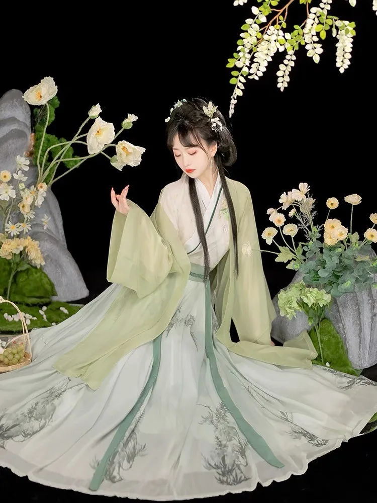 Hanfu Dress Women Chinese Traditional Vintage Hanfu Cosplay Costume Summer Dress Student Hanfu Green 3pcs Sets Plus Size XL