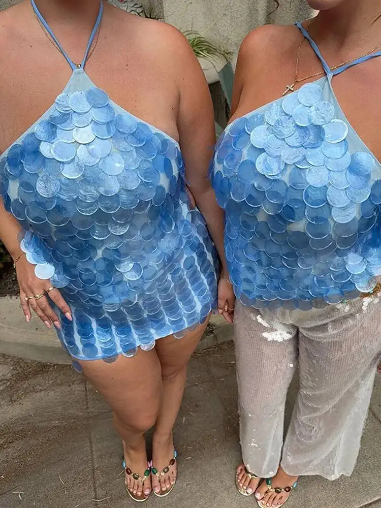 Trajes con cordones y lentejuelas grandes para mujer, chaleco sin espalda de Color sólido con cuello Halter, Falda corta ajustada y brillante, conjuntos sexys para vacaciones en la playa JG2X