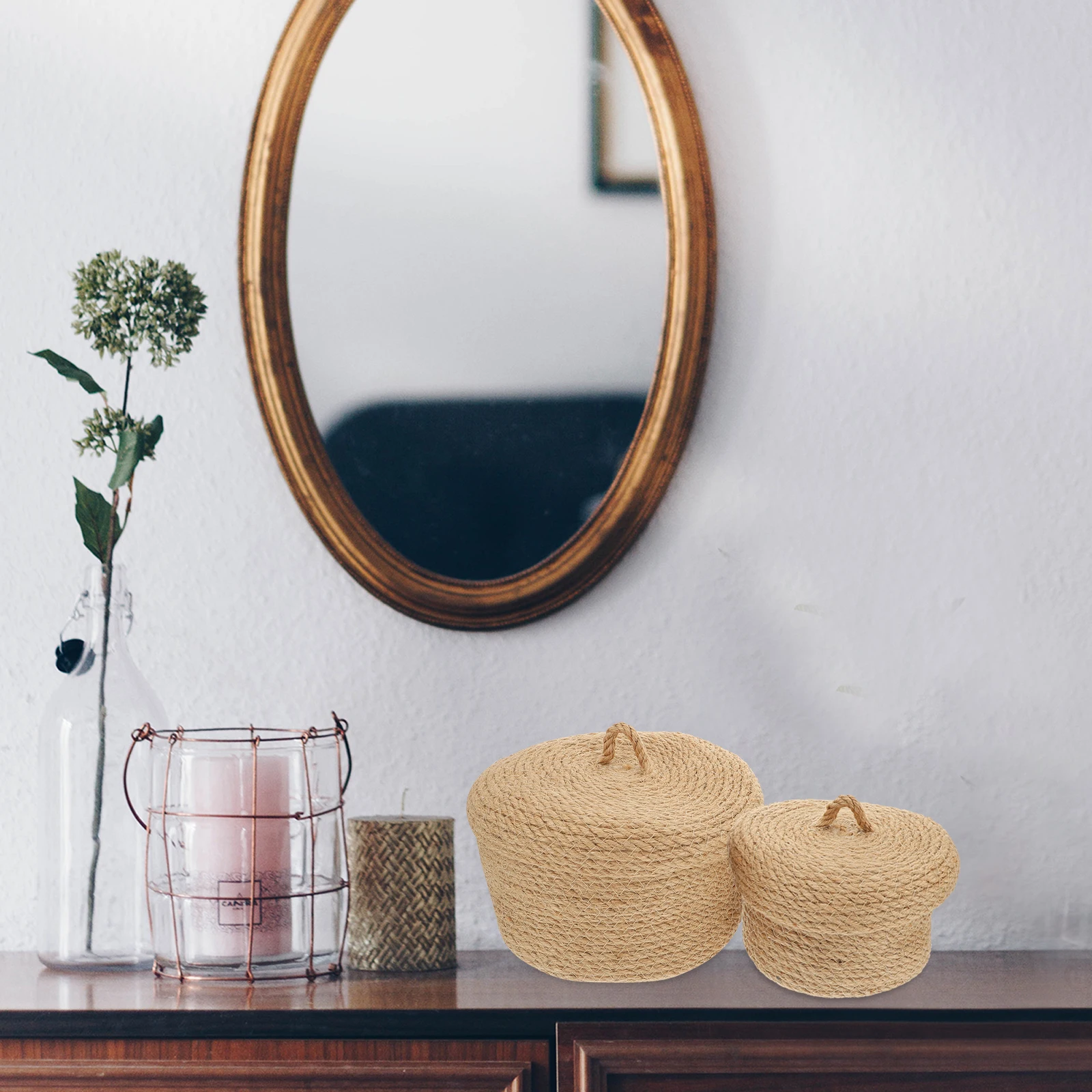 

Storage Basket with Lid Jute Makeup Organizer Sundries Baskets Case Clothes Container Round