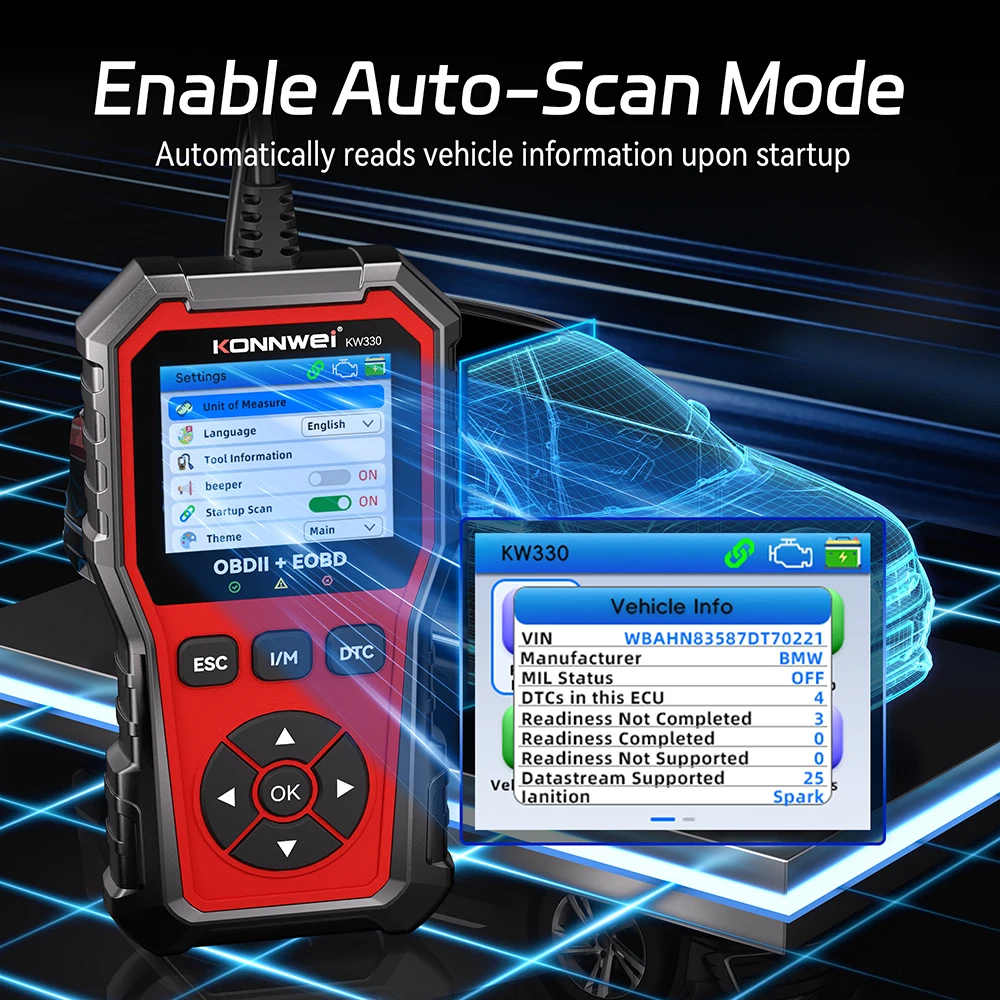 2026 KONNWEI KW330 Car OBD2 Scanner Diagnostic Tool Professional Engine Battery Detection Fault Code Erase Real-Time Data Monitoring Tool Free Shipping